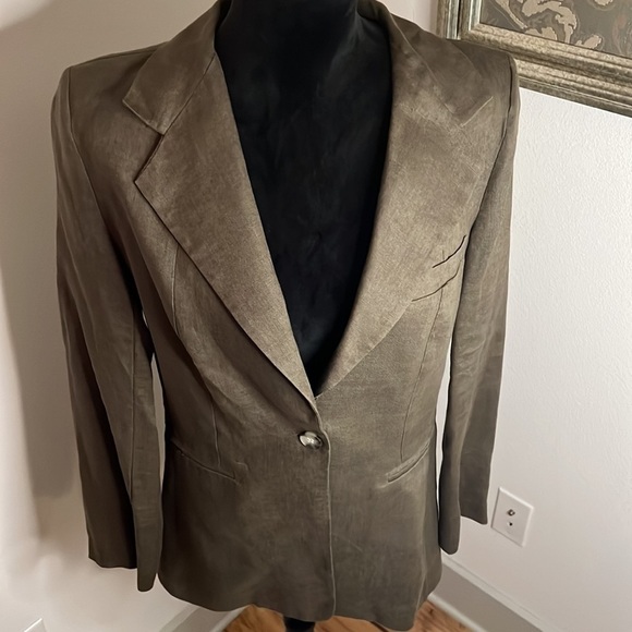 525 AMERICA olive green 100% Linen long sleeves single front button blazer Sz S - Picture 4 of 10